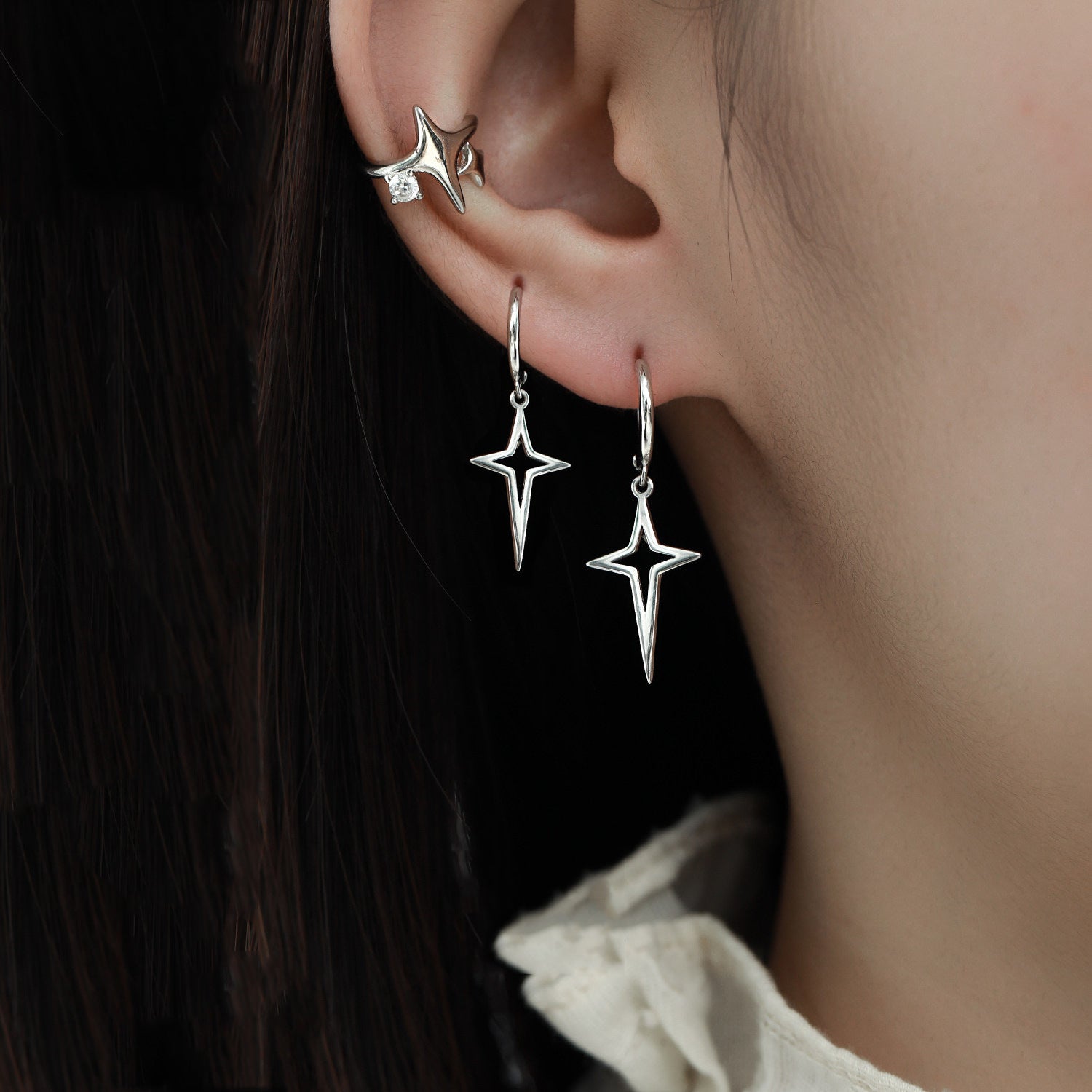 Minimalist Silver Hollow Four-point Star Hoop Earrings