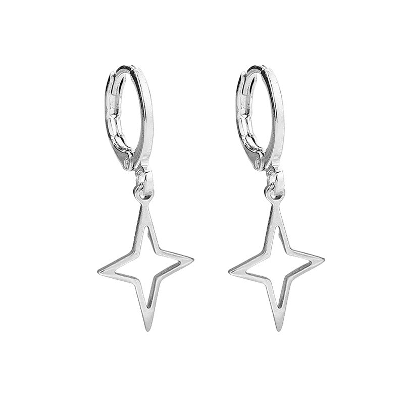 Minimalist Silver Hollow Four-point Star Hoop Earrings