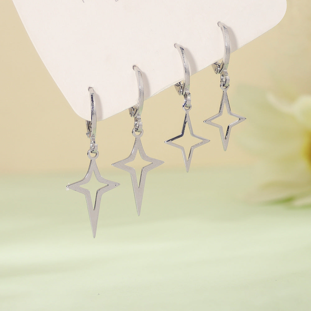Minimalist Silver Hollow Four-point Star Hoop Earrings