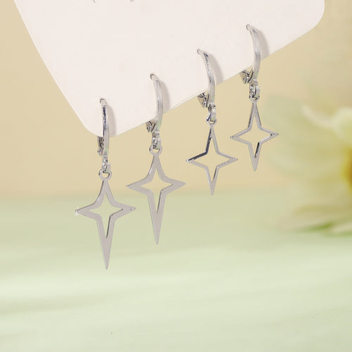 Minimalist Silver Hollow Four-point Star Hoop Earrings
